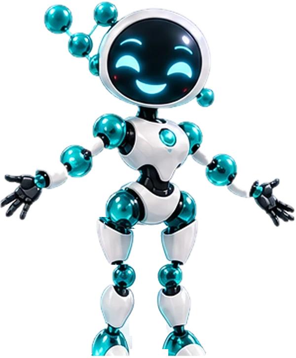 Molly Cule, a teal and white robot made of molecules, waving